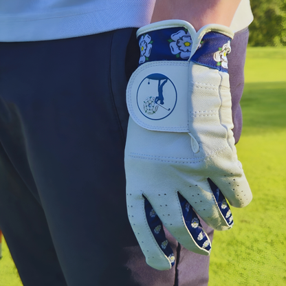 Golf glove featuring Yorkshire rose design on wrist strap and inner finger lining