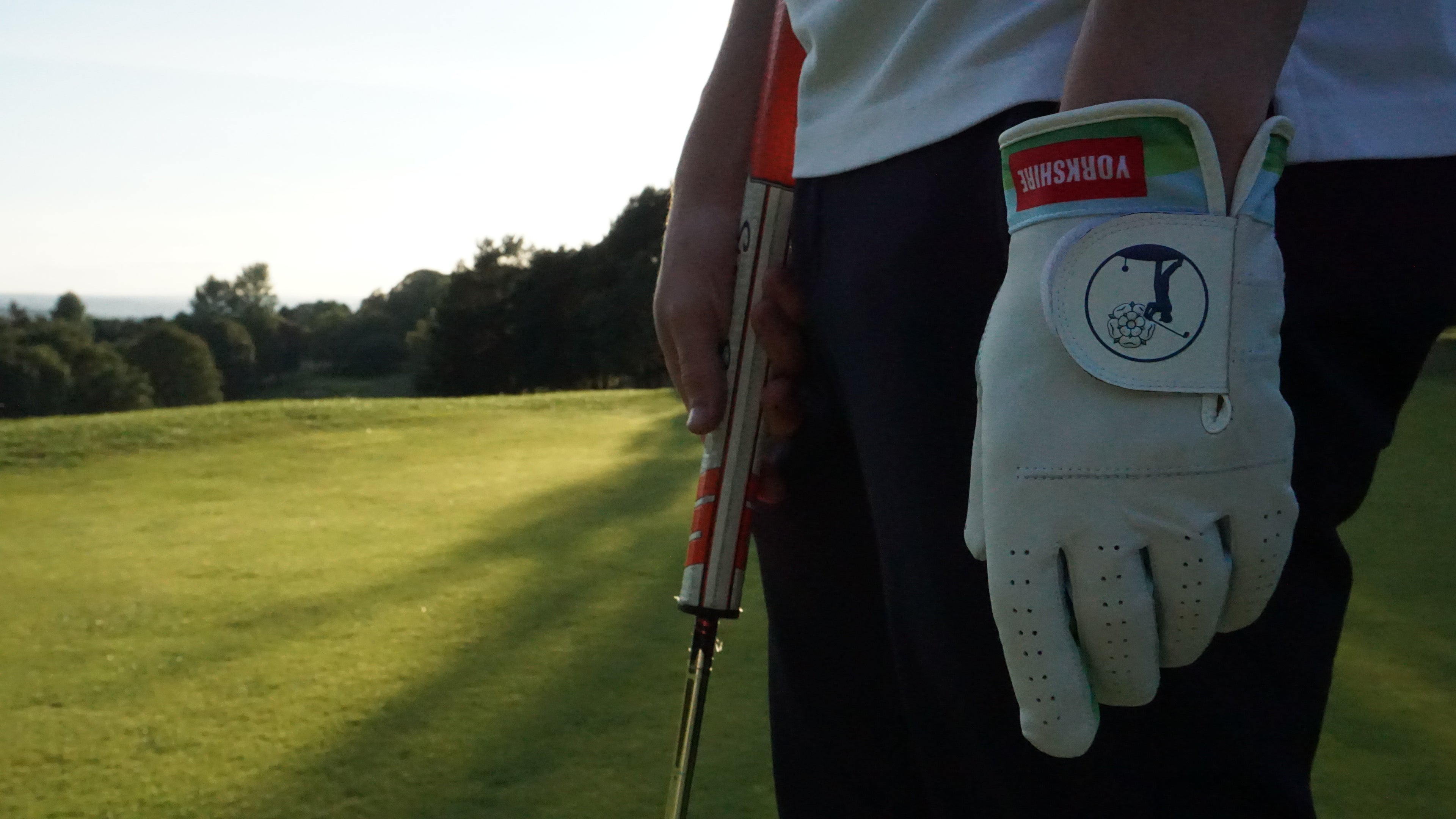 Person holding a golf club and glove on a golf course