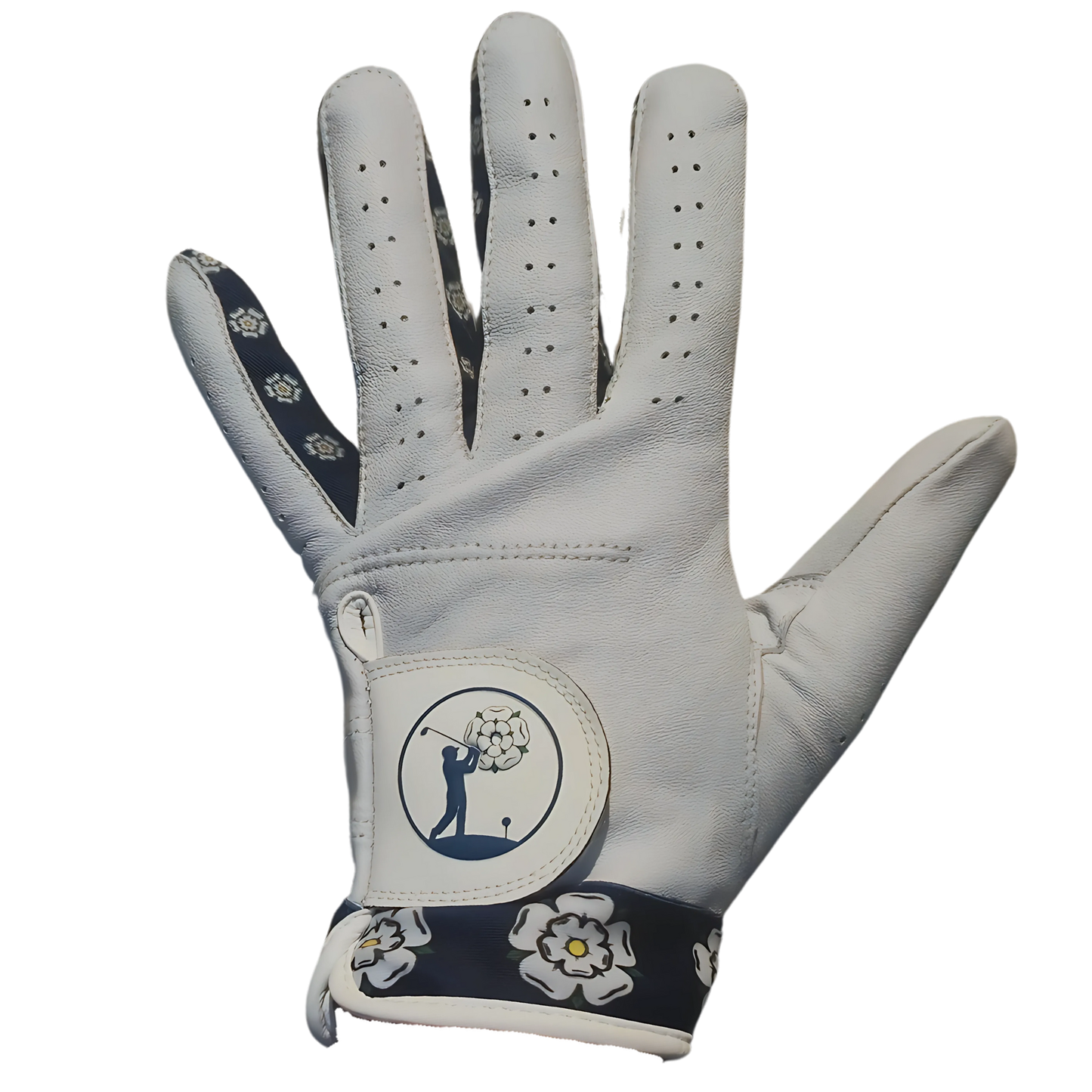 Golf glove featuring Yorkshire rose design on wrist strap and inner finger lining